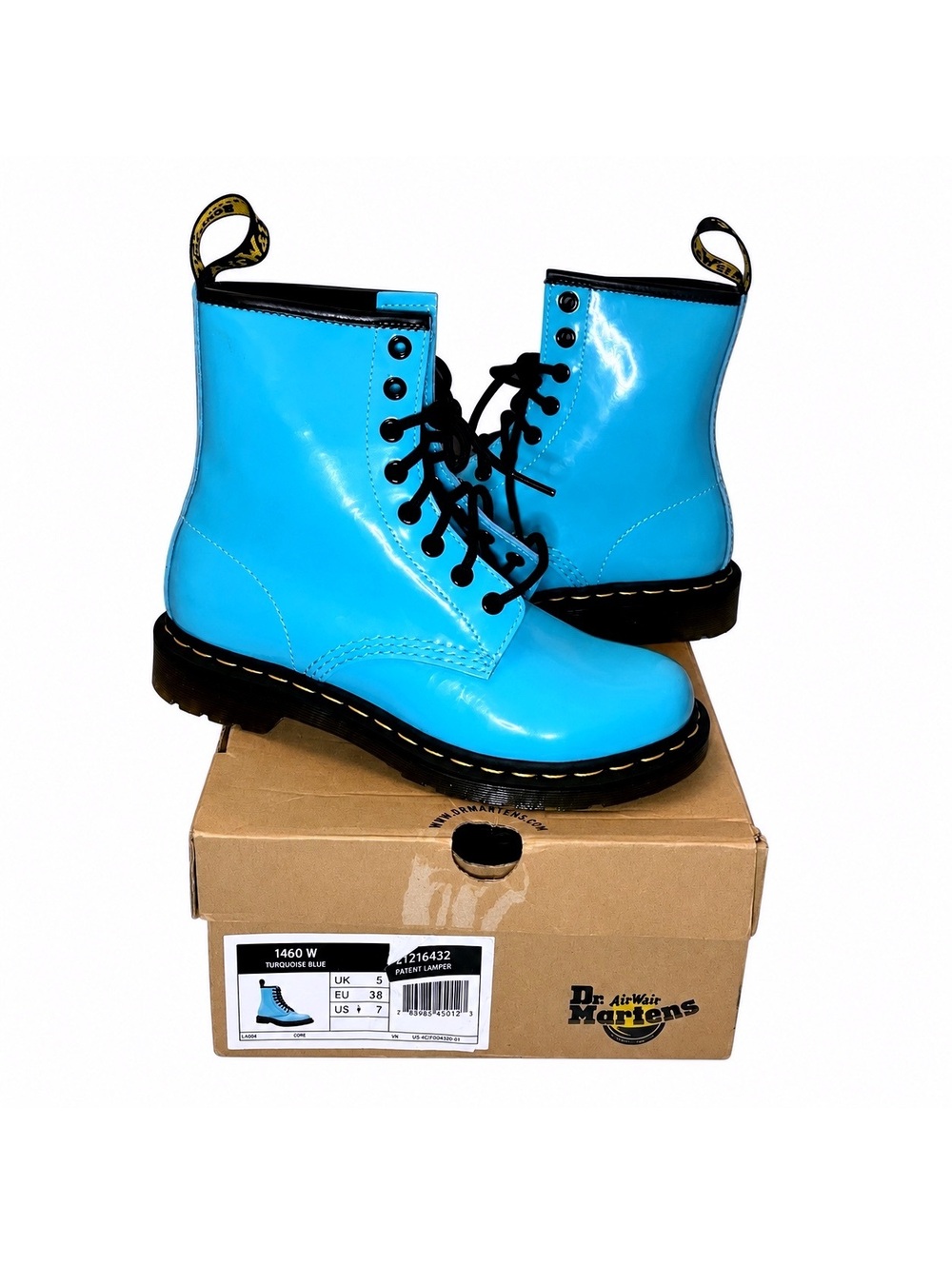 RARE Dr. Martens 1460 Turquoise Blue Patent Leather Lace Up Boots Women’s 7